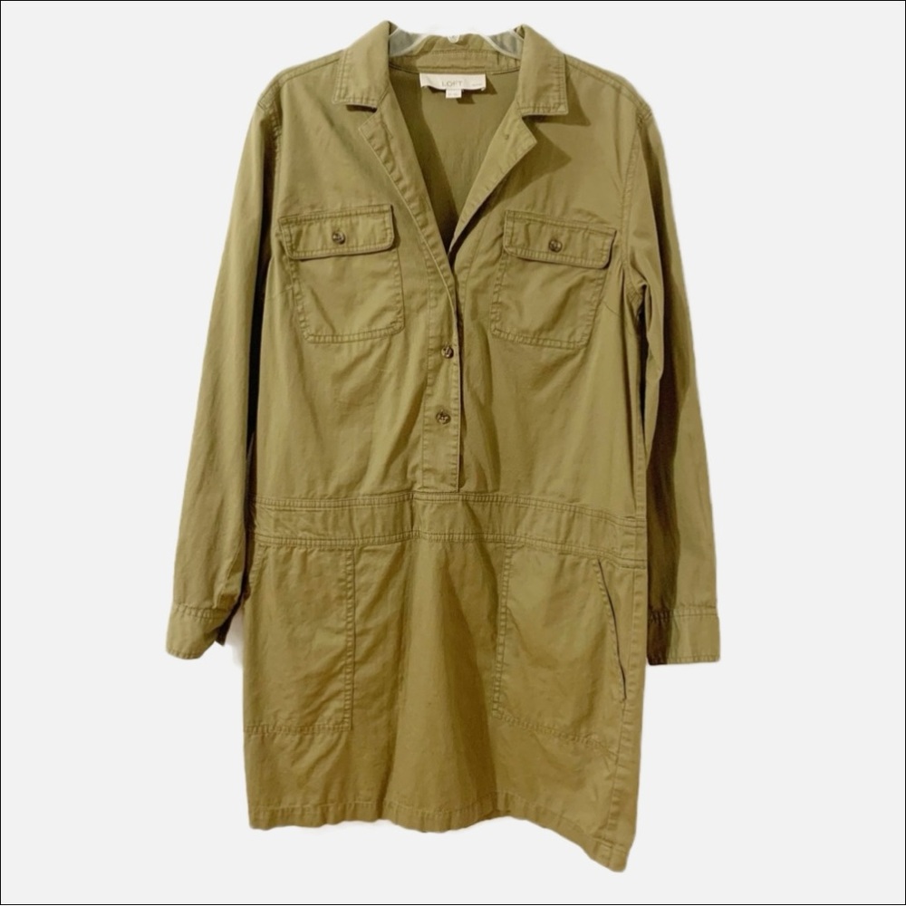 Ann Taylor LOFT Petite 100% Cotton Utility Cargo Shirt Dress Olive Green Pockets